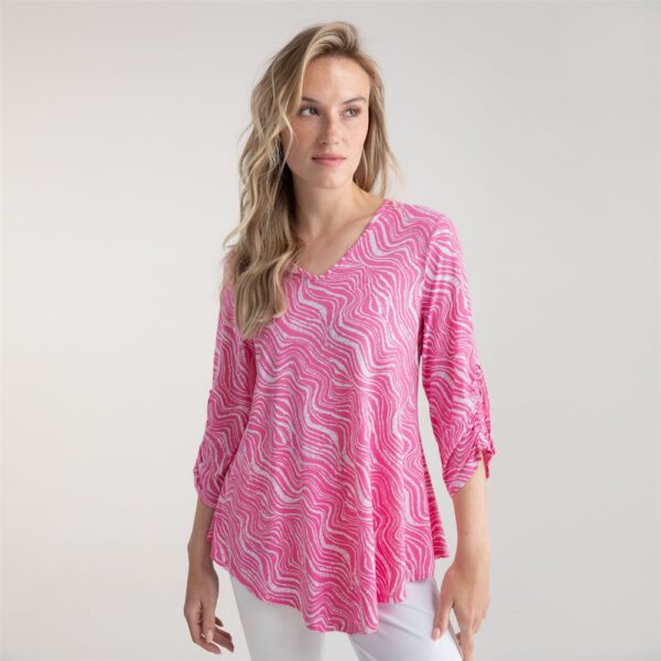 Marble Printed Top With Handkerchief Hem and Ruched Sleeves