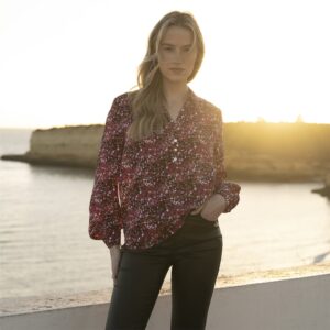 Marble Long Sleeve Blouse With Buttons Abstract Print Fuchsia