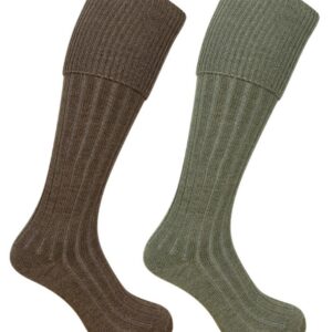 Hoggs of Fife Plain Turnover Top Stockings Twin Pack Green/ Brown