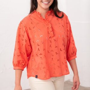 Lighthouse Thea Cotton Blouse - Coral Broderie Anglaise